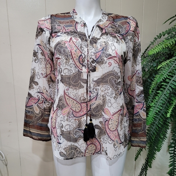 Cupio Tops - Cupio Boho Paisley Print Tassel Tie Metalic Blouse